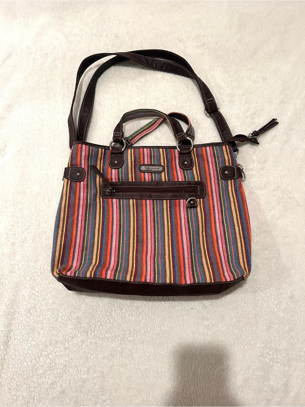 Vintage UNIONBAY Multicolor Striped Tote with Dark Brown Trim